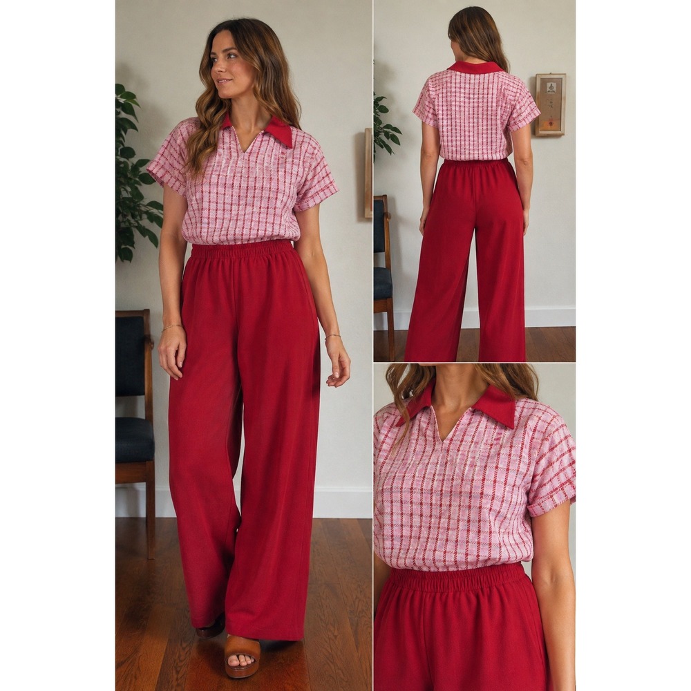Vintage 70s Handmade Red Pink Plaid Knit Top and Wide Leg Pants Set